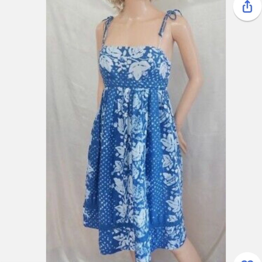 Gap Blue Floral Batik Linen Dress with Tie Spaghetti Straps. Size 12
